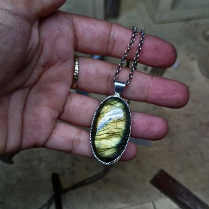 Oval Multi Green-Blue-Orange Labradorite Long Necklace