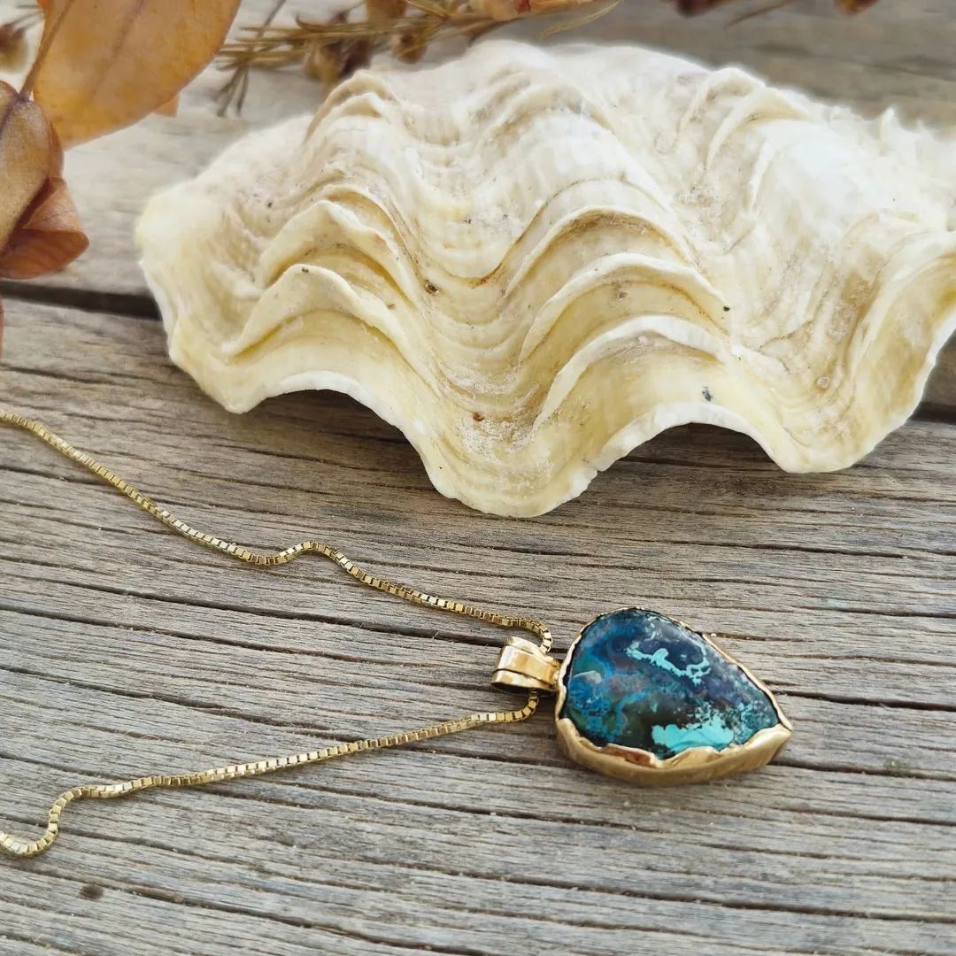 14K Soild Gold Chrysocolla Gemstone Pendant