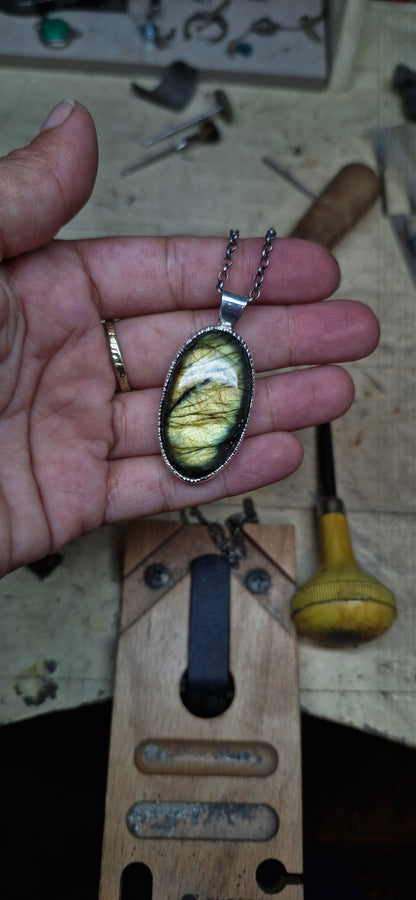 Oval Multi Green-Blue-Orange Labradorite Long Necklace