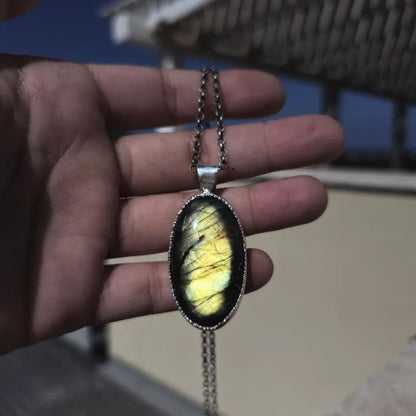 Oval Multi Green-Blue-Orange Labradorite Long Necklace