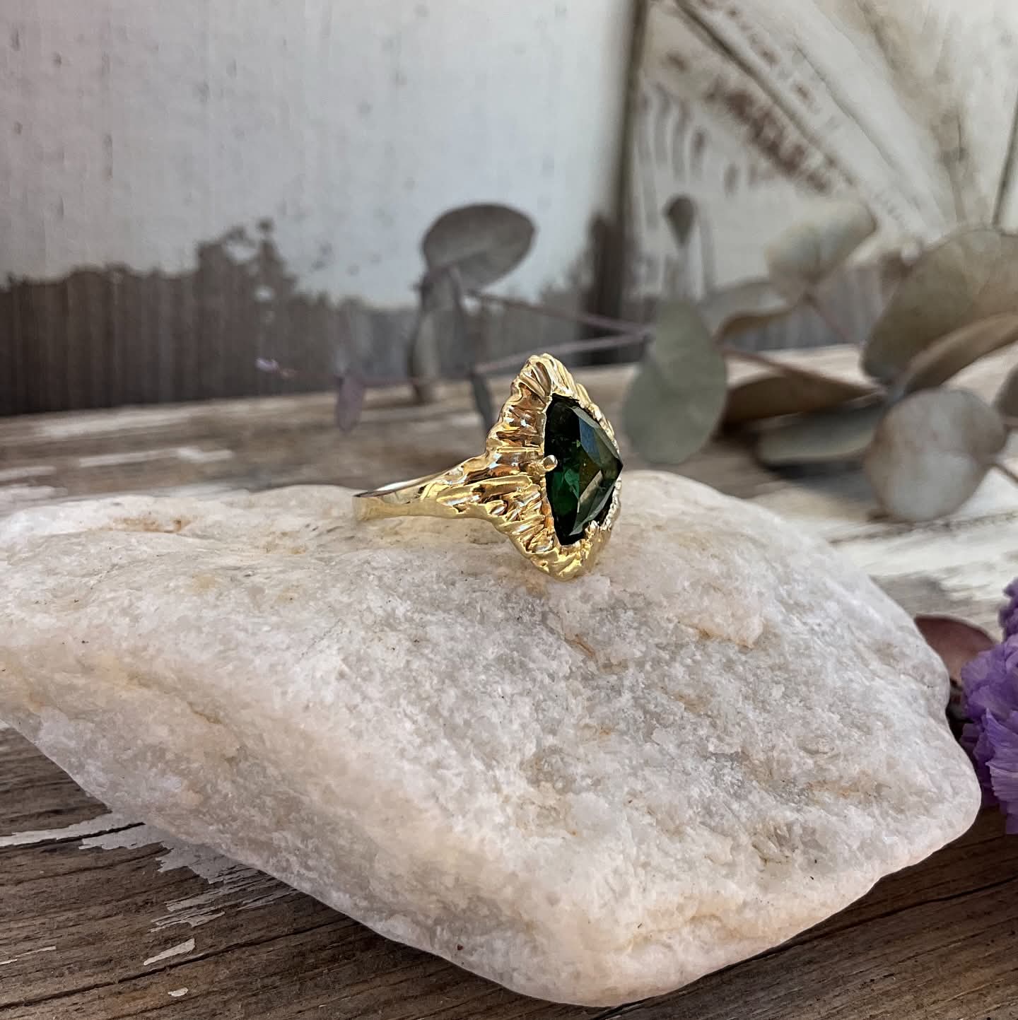 14 karat Solid Gold Green Tourmaline Unique Royal Classy Ring - Pyāra Designs