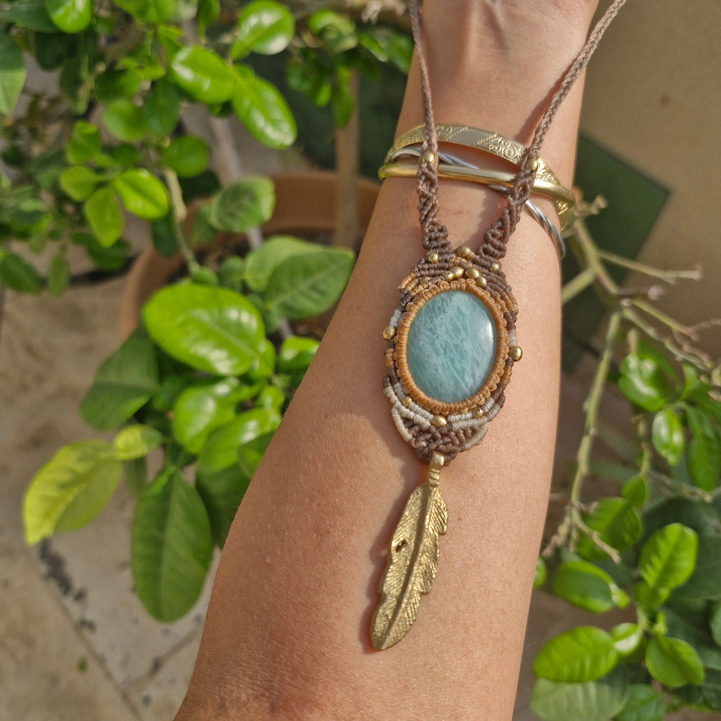 Amazonite Feather Tribe Macrame Necklace - Pyāra Designs