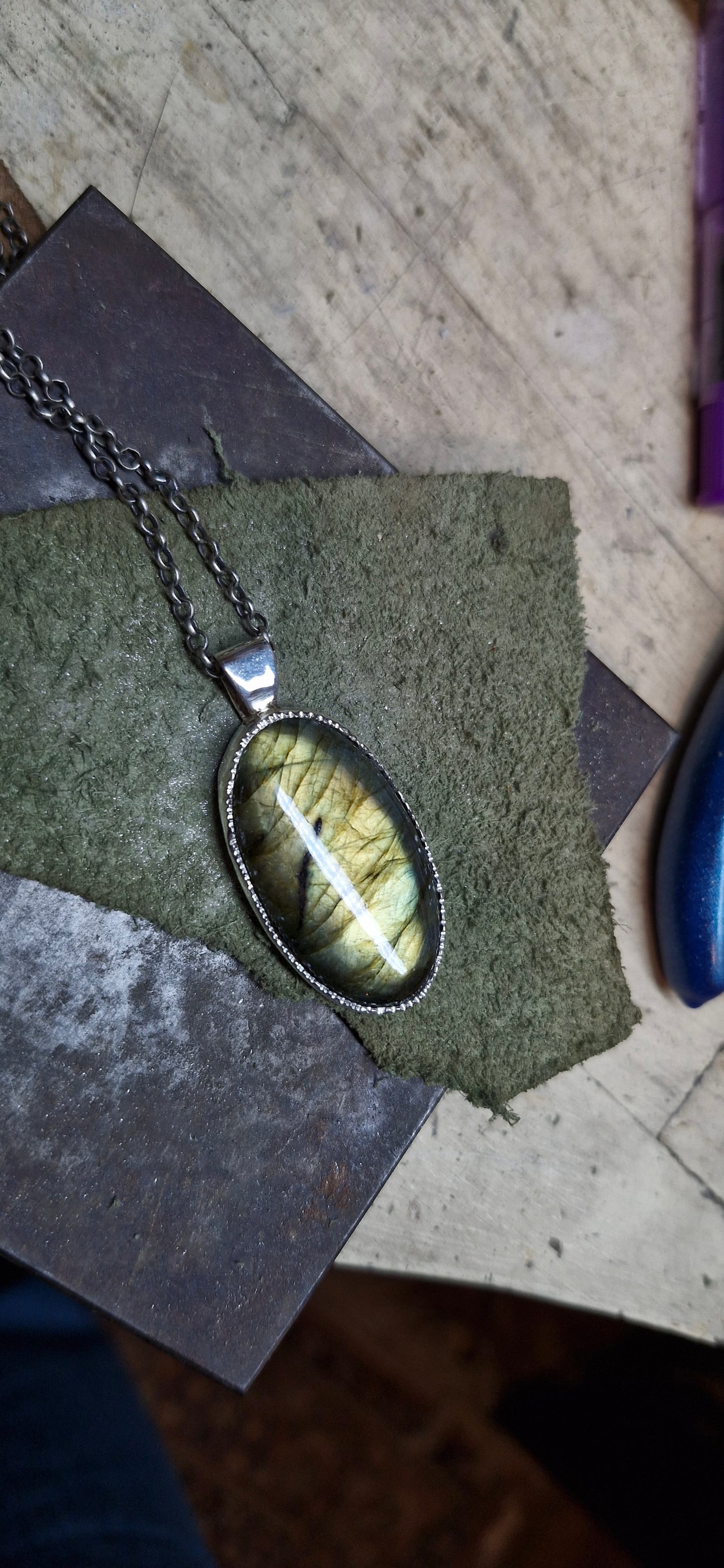 Oval Multi Green-Blue-Orange Labradorite Long Necklace