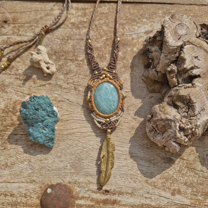 Amazonite Feather Tribe Macrame Necklace - Pyāra Designs