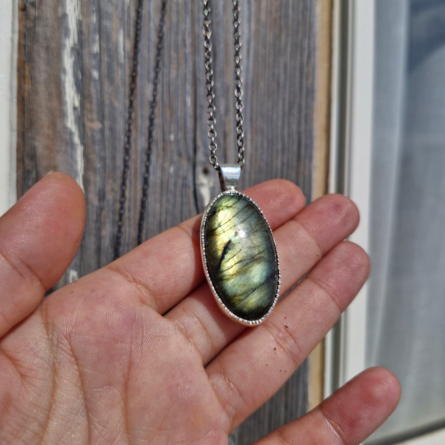 Oval Multi Green-Blue-Orange Labradorite Long Necklace