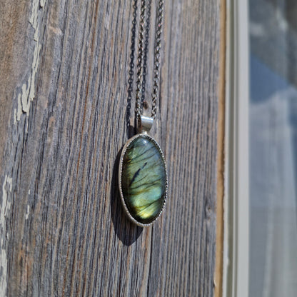 Oval Multi Green-Blue-Orange Labradorite Long Necklace